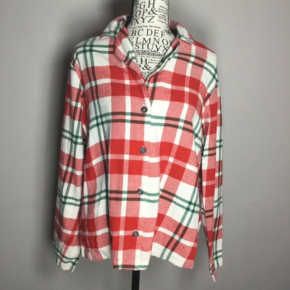 100% cotton plaid shirt red green white cabincore winter Xmas cozy comfortable M